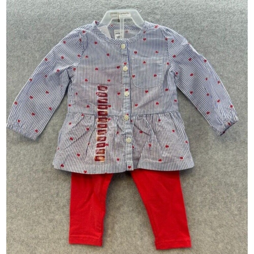 Carter's Cute‎ Baby Girl 2-Piece Blue Stripe/Red Heart Top & Legging Set Sz 18M